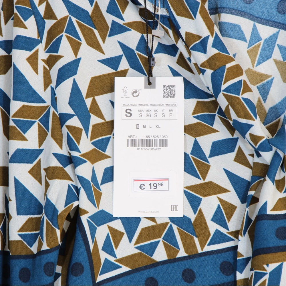 Zara Traufaluc Blue Pink Geometic Scarf Print Long Sleeve V-Neck Blouse - Picture 3 of 5